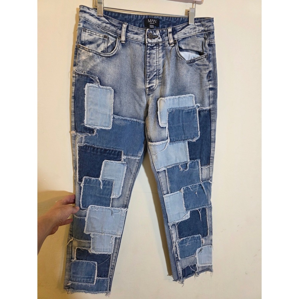 BoohooMAN Mens‎ Patchwork Denim Jeans Blue Frayed Raw Edge Streetwear 32S - Picture 2 of 11